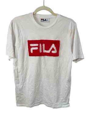 Fila White Short Sleeve Tee with Red FUZZY Logo Patch